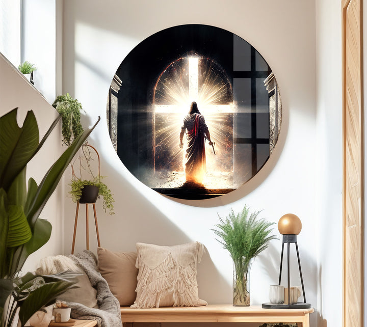 Jesus steht vor dem strahlenden Kreuz – Christlicher Wandbild-Glasdruck