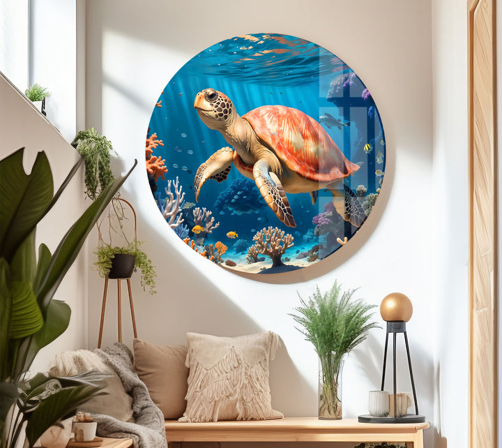 Sea Turtle Underwater Wall Art – Coral Reef Ocean Scene Glass Print