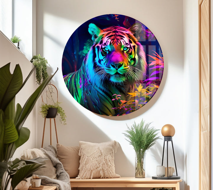 Neon Jungle Tiger Wandkunst – Lebendiger Wildlife-Glasdruck für mutige Innenräume