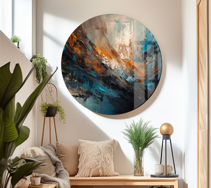 Modern Abstract Brushstroke Glass Wall Art – Teal and Copper Splash Print