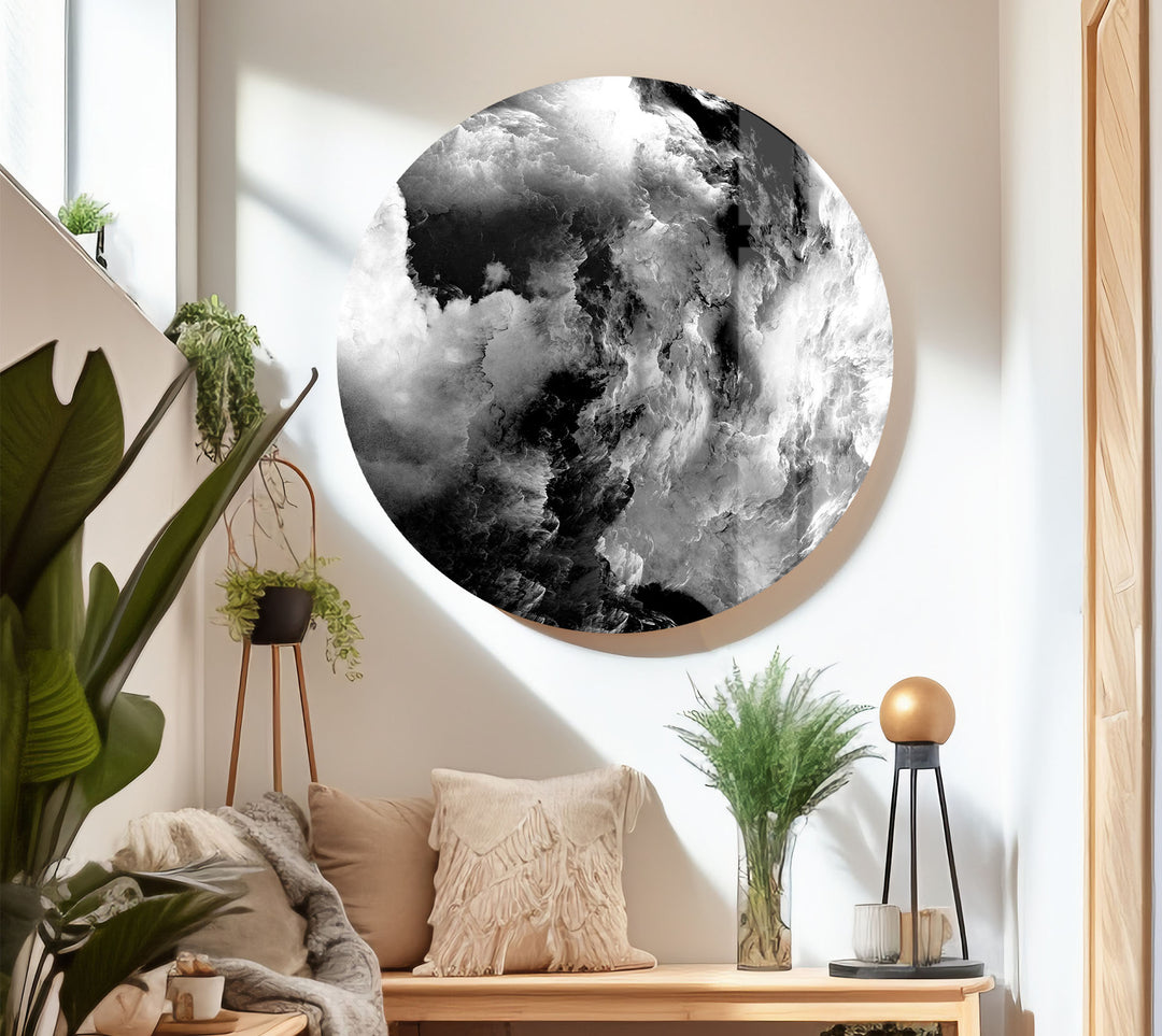 Monochrome Storm Wall Art – Black and White Cloud Glass Print Decor