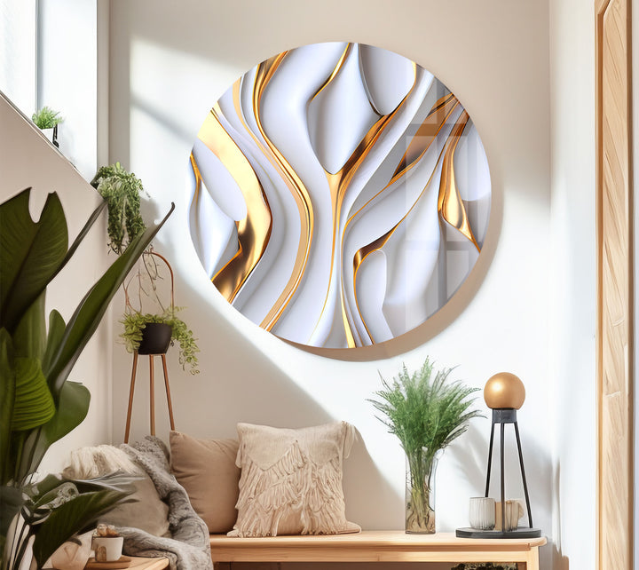 Gold White Abstract Wall Art – Luxury Fluid Texture Glass Print for Modern Interiors