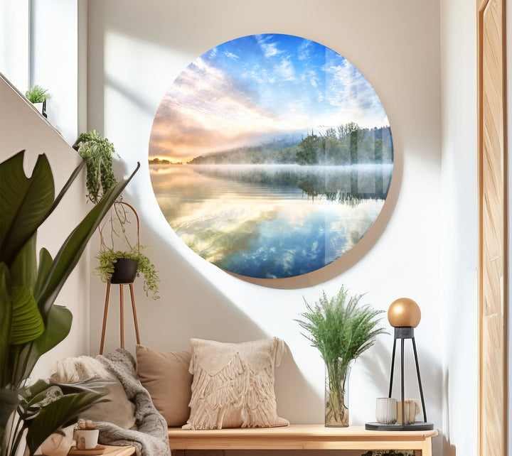 Misty Lake Sunrise Wall Art – Tranquil Morning Glass Landscape Print