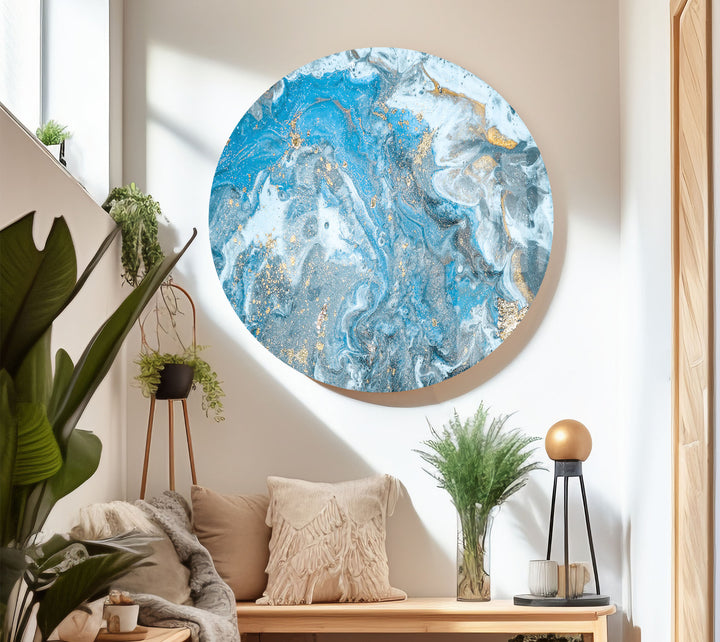 Blue Gold Ocean Marble Wall Art – Elegant Abstract Glass Print Decor