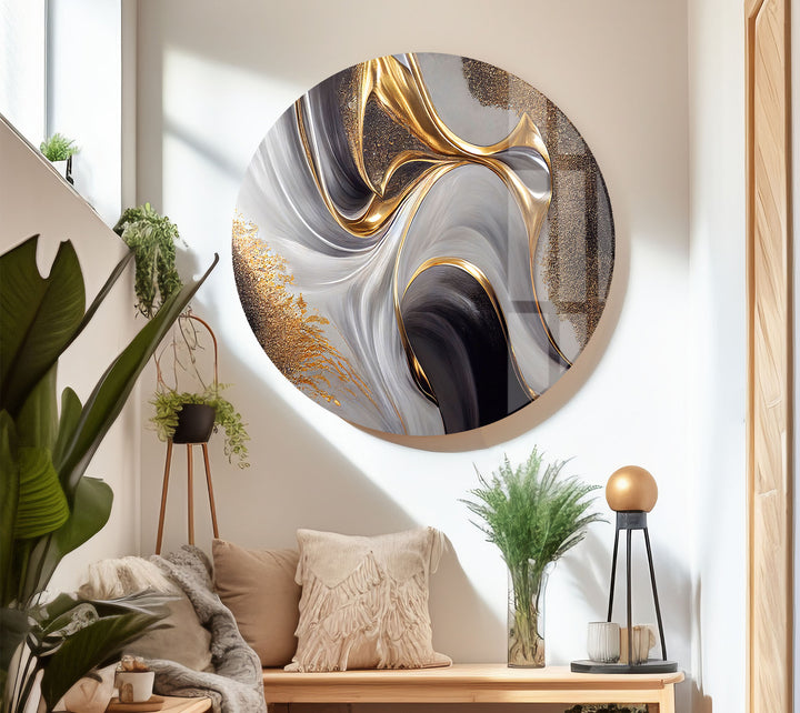 Gold Black White Abstract Wall Art – Elegant Fluid Wave Glass Print for Luxury Interiors