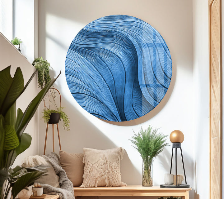 Blue Flow Line Wall Art – Modern Minimalist Wave Glass Print