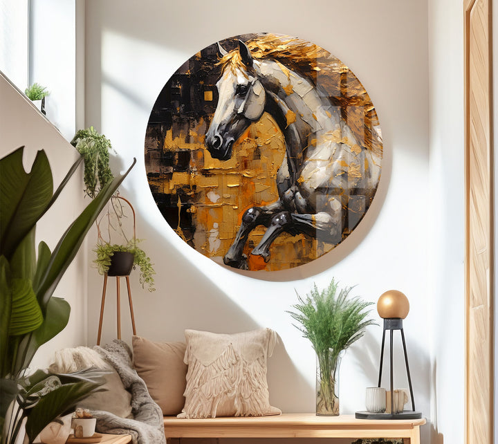 Golden Spirit Horse Wandkunst – Abstrakter Glasdruck mit rennendem Hengst