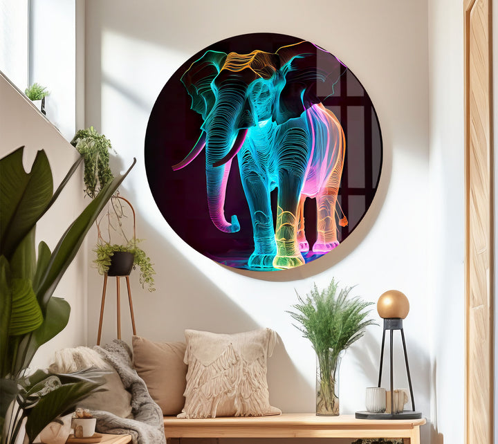 Neon Elephant Wall Art – Vibrant Abstract Animal Glass Print Decor
