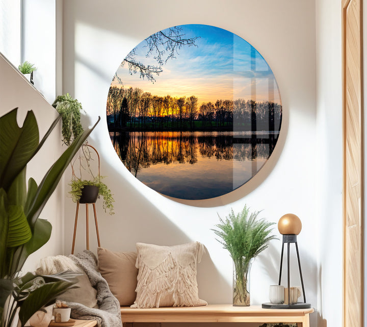 Sunset Forest Reflection Wall Art – Tranquil Lake Glass Print for Nature-Inspired Interiors