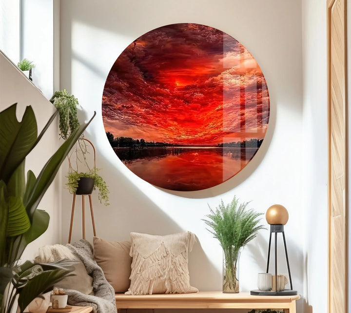 Fiery Sunset Sky Glass Wall Art – Dramatic Red Clouds Over Water Landscape - MyPhotoStation