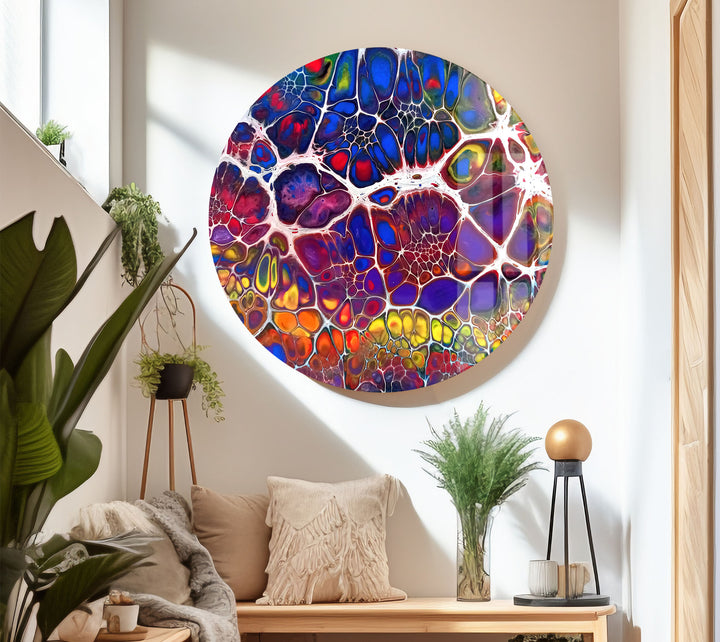 Farbenfrohe abstrakte Glaswandkunst – Lebendiges Fraktaldesign für moderne Innenräume