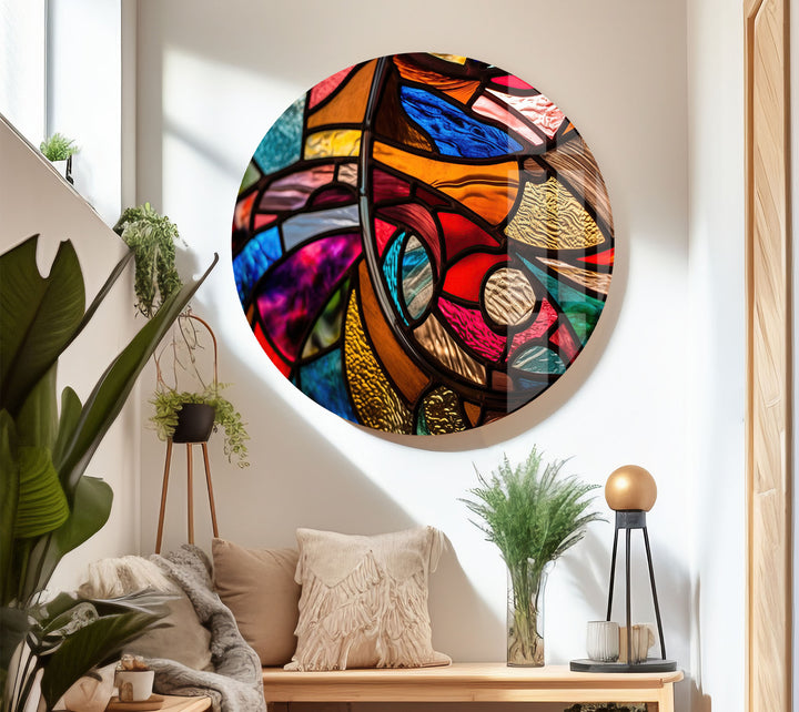 Abstrakte Wanddekoration aus Buntglas – Lebendiges, mehrfarbiges, modernes Fensterdesign 