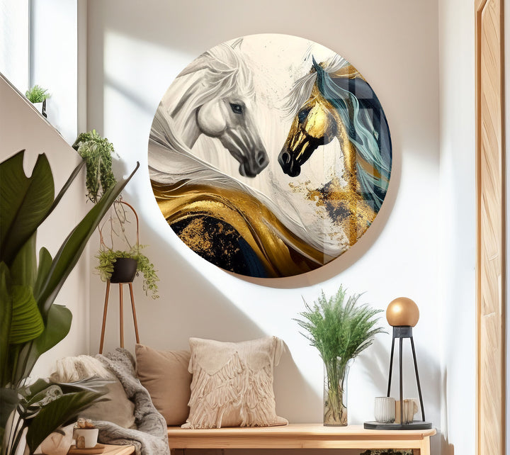 Majestic Gold Horses Wall Art – Luxury Abstract Equine Glass Print
