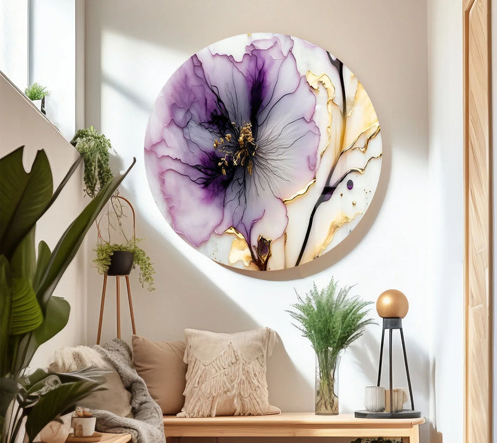 Purple and Gold Abstract Floral Wall Art – Luxury Glass Print for Elegant Interiors - MyPhotoStation