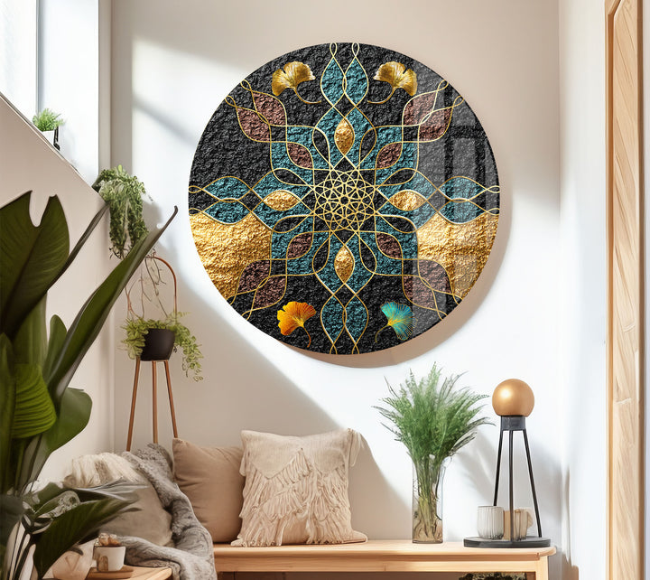 Goldene Mandala-Wandkunst – Geometrisches blaugrünes und schwarzes Muster-Glasdruckdesign