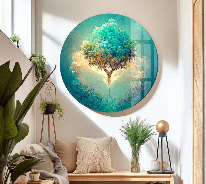 Schwebender Lebensbaum Wandkunst – Leuchtende Wurzeln Fantasy Glasdruck