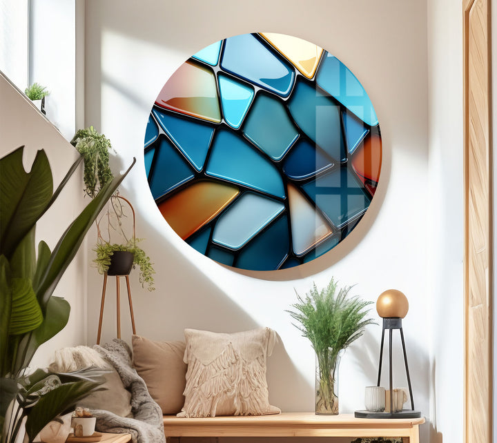 Moderne Wanddekoration aus Buntglas – Abstrakter Musterdruck in Blau und Rot 