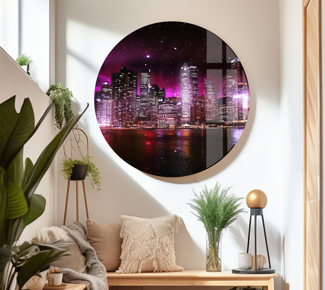 Futuristic Cityscape Wall Art – Neon Skyline Glass Print with Galaxy Night View