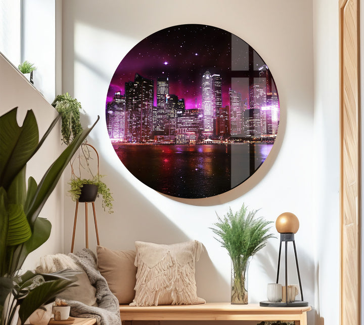 Futuristic Cityscape Wall Art – Neon Skyline Glass Print with Galaxy Night View