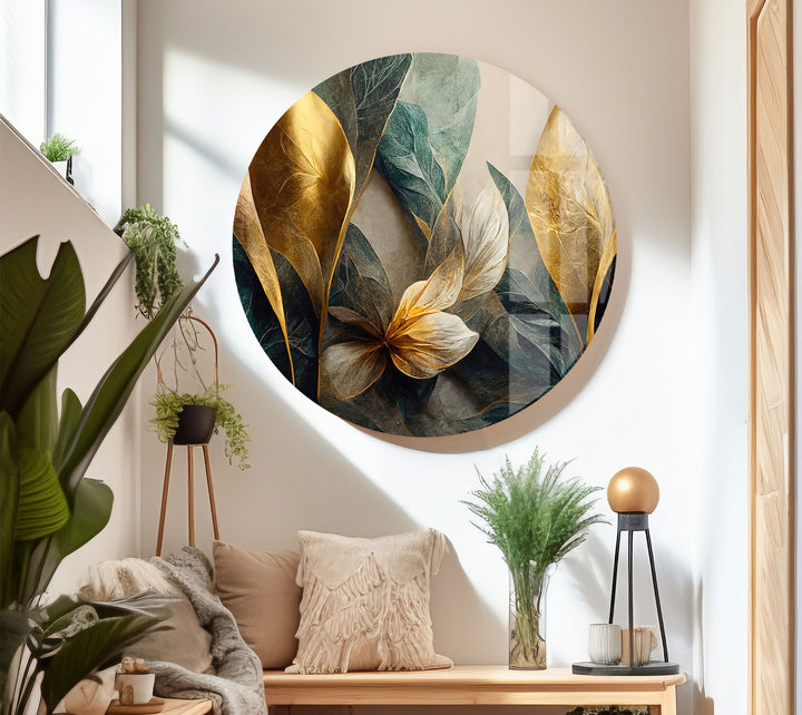 Goldene botanische Wandkunst – Luxuriöser floraler Glasdruck 