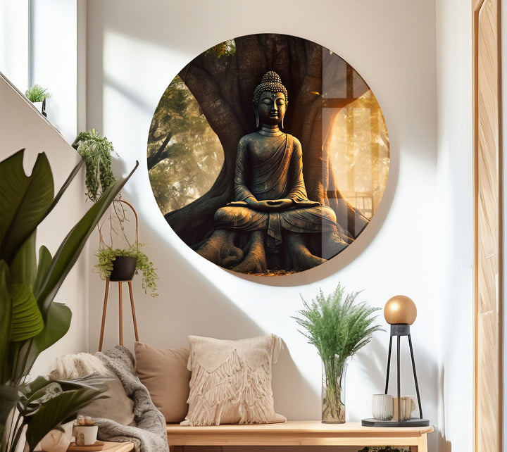 Buddha Under Tree Wall Art – Tranquil Sunrise Meditation Glass Print