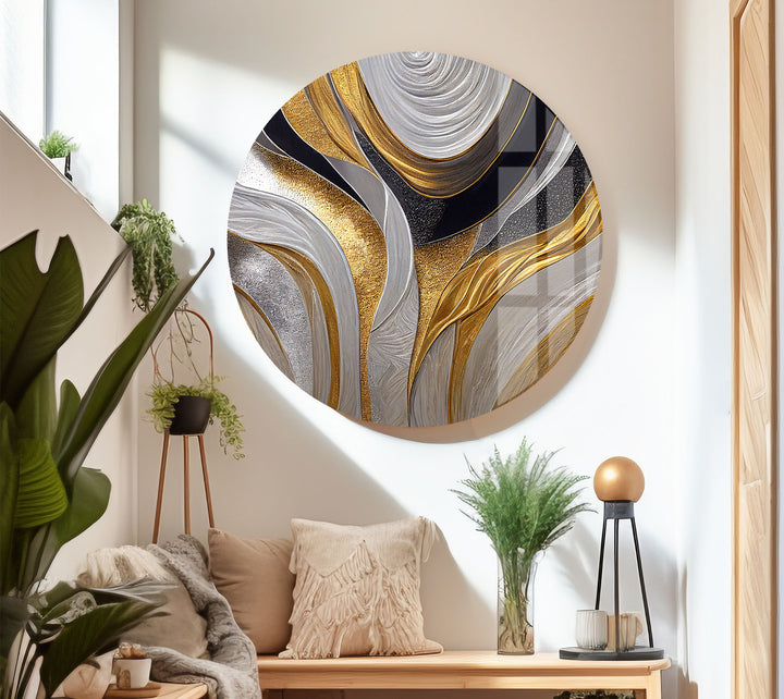 Silver Gold Wave Wall Art – Luxury Abstract Fluid Glass Print Décor