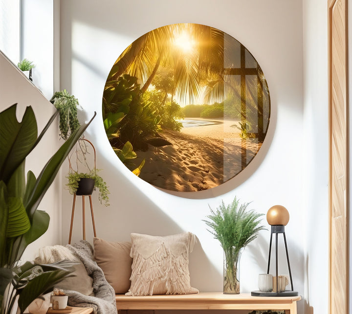 Golden Forest Beach Wall Art – Tropical Palm Tree Pathway Glass Print for Tranquil Nature-Inspired Decor
