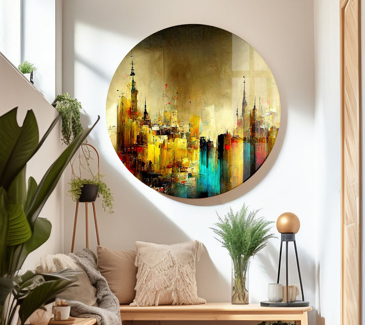 Abstract Cityscape Wall Art – Golden and Teal Urban Glass Print Design