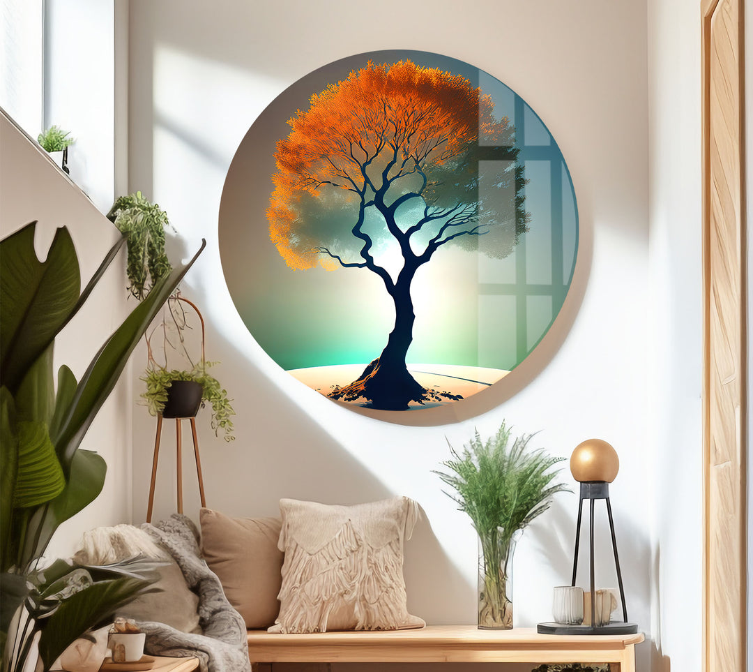 Minimalistische Wandkunst mit Lebensbaum – Orangefarbenes Kronenglas-Druckdesign