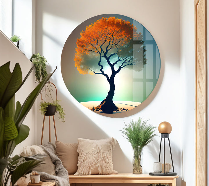 Minimalistische Wandkunst mit Lebensbaum – Orangefarbenes Kronenglas-Druckdesign