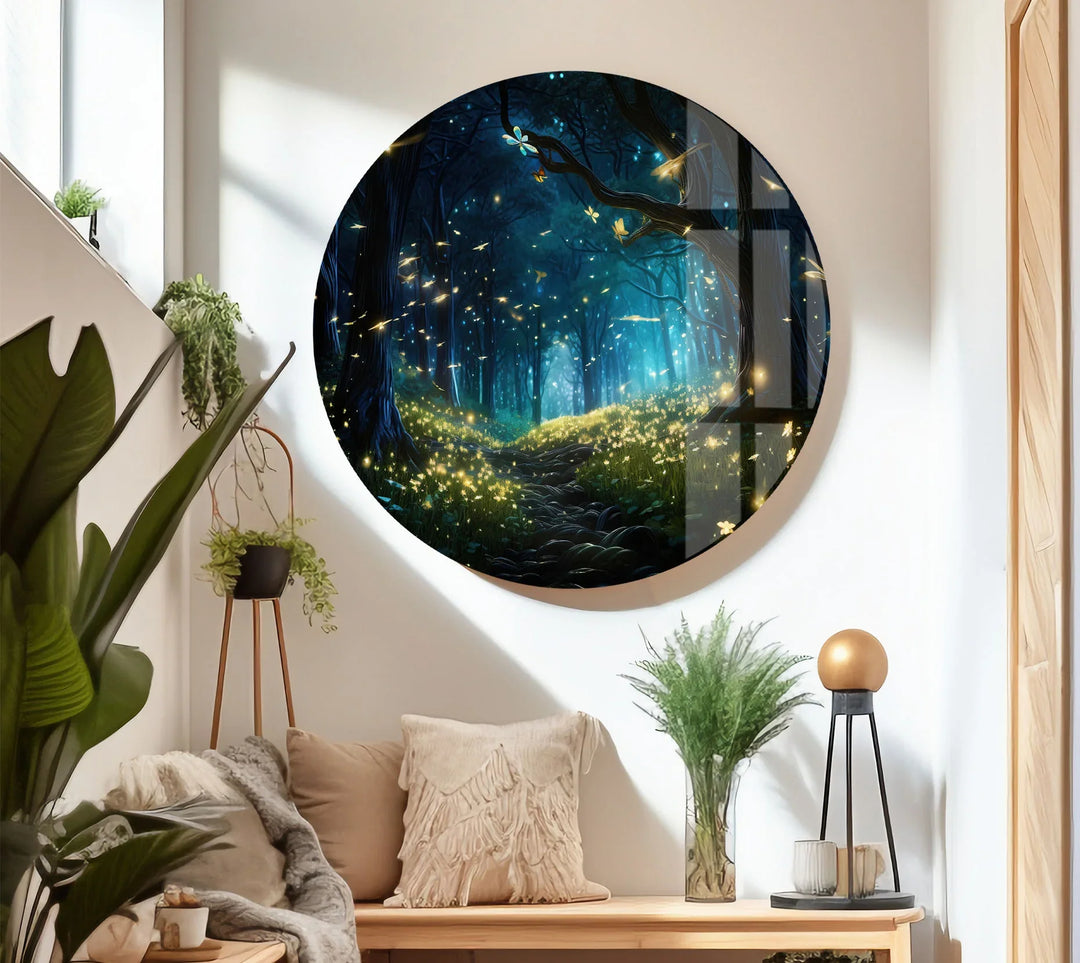 Enchanted Firefly Forest Wall Art – Magical Night Path Glass Print for Fantasy Decor - MyPhotoStation