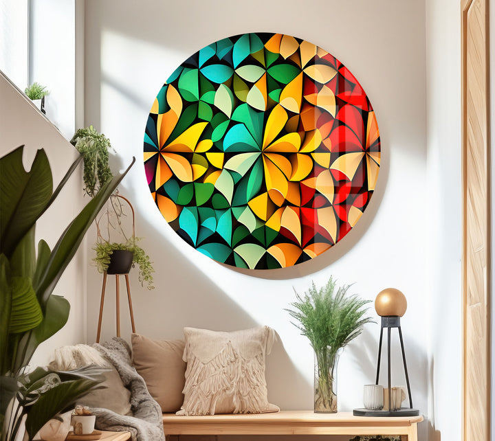 Bunte geometrische Glaswandkunst – Lebendiges abstraktes 3D-Muster