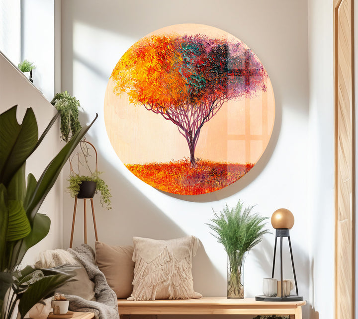 Farbenfrohe Baum-Wandkunst – Lebendiger abstrakter Naturdruck auf Glas 