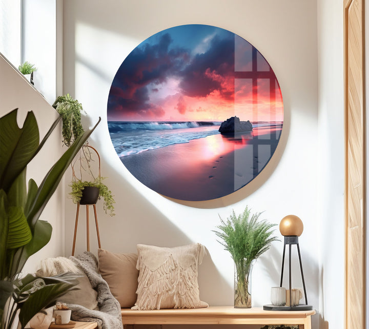 Dramatic Sunset Beach Wall Art – Stormy Sky and Footprints Glass Print for Bold Decor