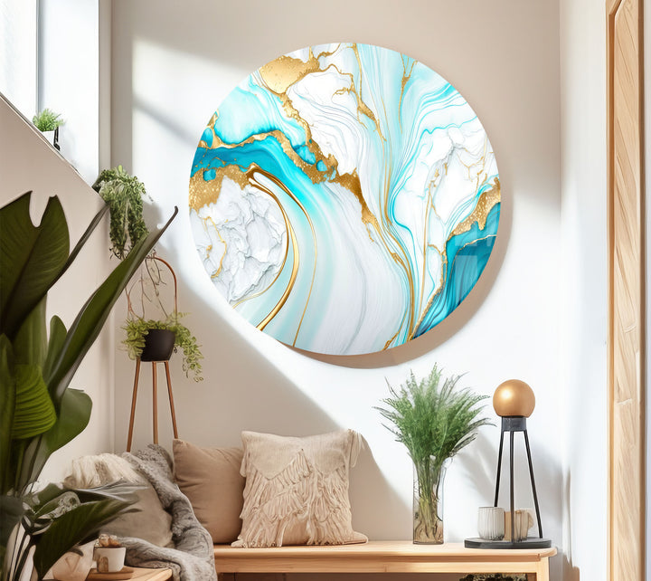 Wandkunst aus blauem und goldenem Marmor – Eleganter, fließender abstrakter Glasdruck