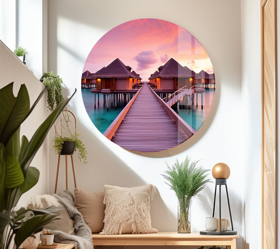 Maldives Sunset Resort Wall Art – Tropical Overwater Bungalows Glass Print Decor