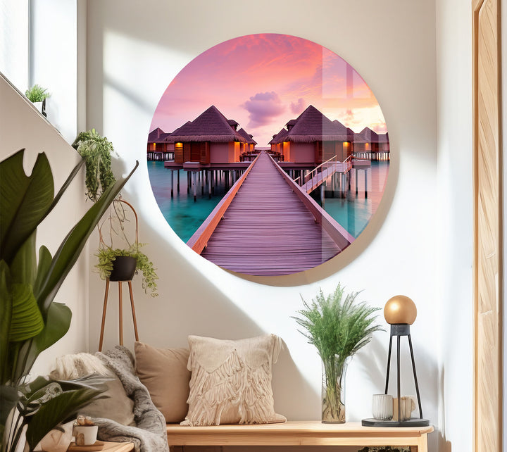 Maldives Sunset Resort Wall Art – Tropical Overwater Bungalows Glass Print Decor