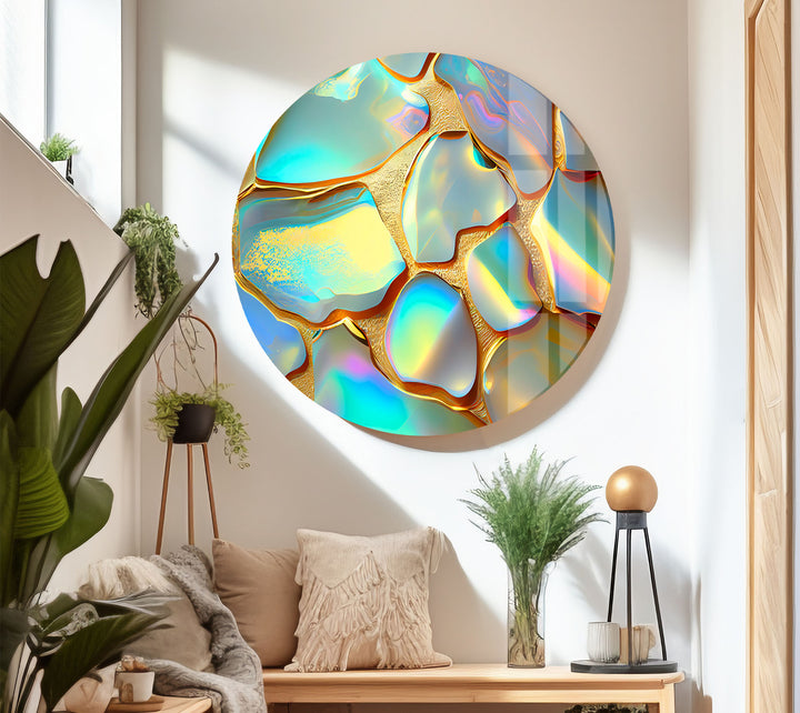 Iridescent Abstract Wall Art – Gold and Rainbow Glass Print Design