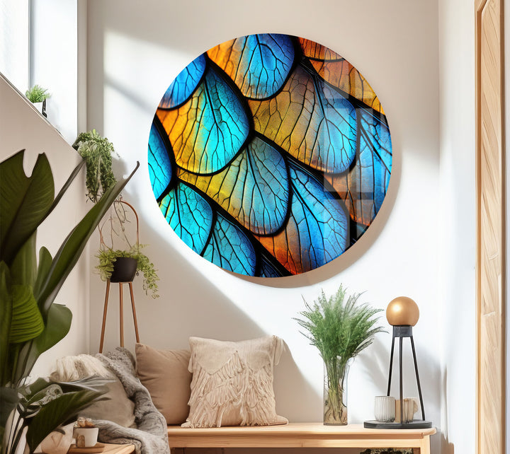 Blue Gold Leaf Texture Wall Art – Abstract Nature Pattern Glass Print