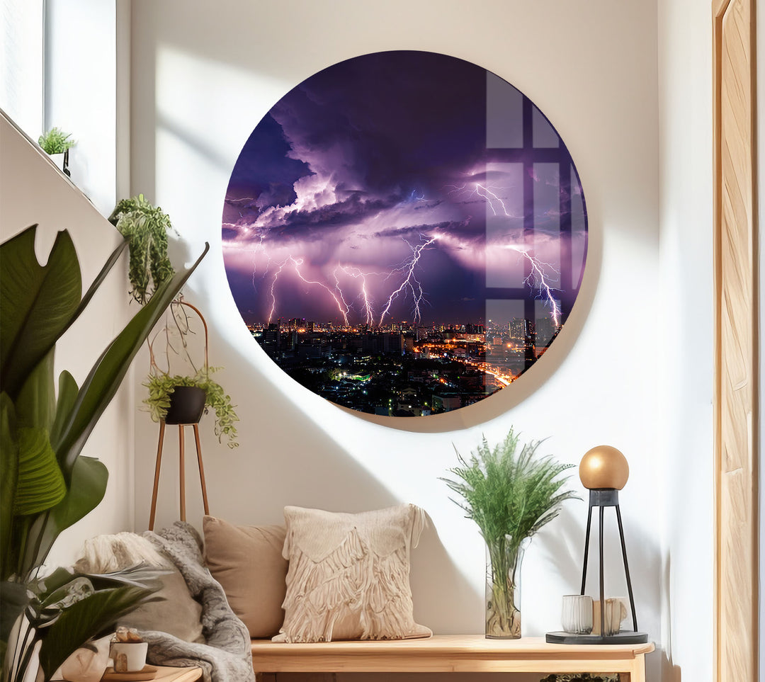 Purple Lightning Storm Over Cityscape – Dramatic Night Sky Glass Wall Art