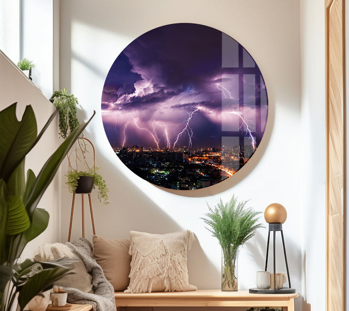 Purple Lightning Storm Over Cityscape – Dramatic Night Sky Glass Wall Art