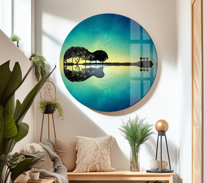 Surreal Guitar Island Wall Art – Nature and Music Landscape Glass Print
