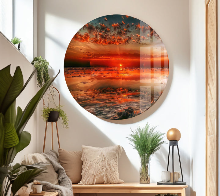 Feurige Sonnenuntergangsküste Wandkunst – Lebendiger Ozean-Glasdruck 