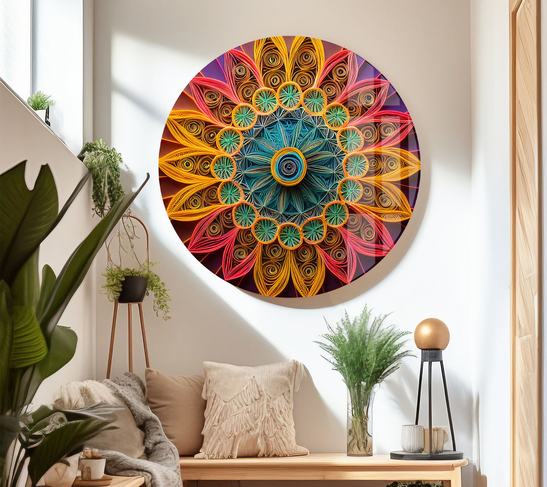 Mandala Glass Wall Art – Vibrant 3D Geometric Paper Design