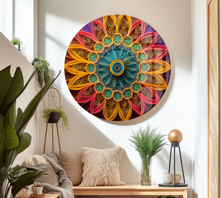 Mandala Glass Wall Art – Vibrant 3D Geometric Paper Design