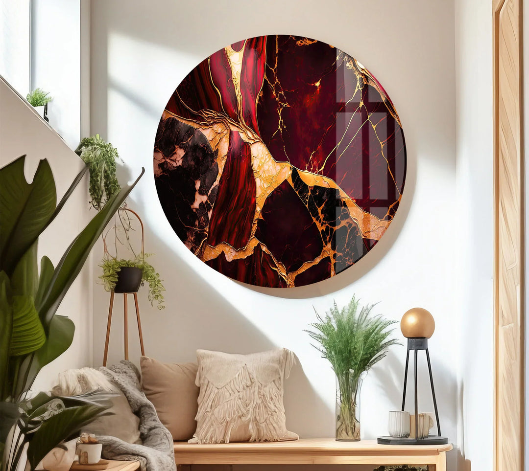 Red and Gold Marble Wall Art – Luxurious Crimson Glass Print with Cracked Vein Pattern for Bold Modern Interiors - MyPhotoStation