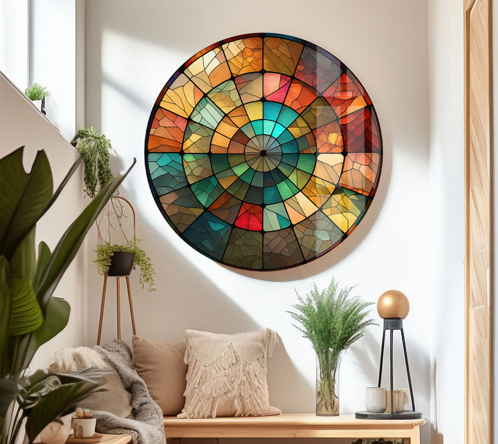 Rustikale Mosaik-Wandkunst aus Buntglas – Erdiges rundes Fensterdesign