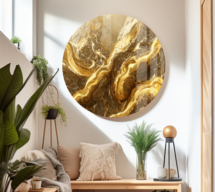 Abstrakte Wandkunst aus goldenem Marmor – Eleganter Glasdruck für Innenräume 