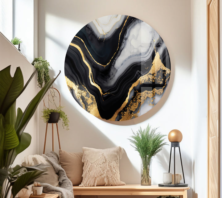 Schwarz-Gold-Marmor-Wandkunst – Luxuriöses abstraktes Glasdruck-Dekor 