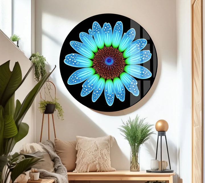 Blue Daisy Flower Wall Art – Luminous Glass Print on Black Background with Water Droplet Detail for Modern Interiors - MyPhotoStation